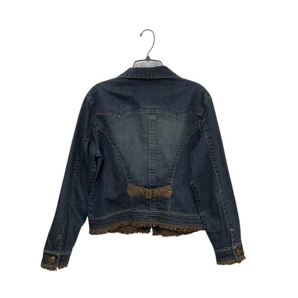 CAbi Denim Jacket Brown Fringe Zip Front Pockets Size Large Belted Waist Stretch - Picture 2 of 6